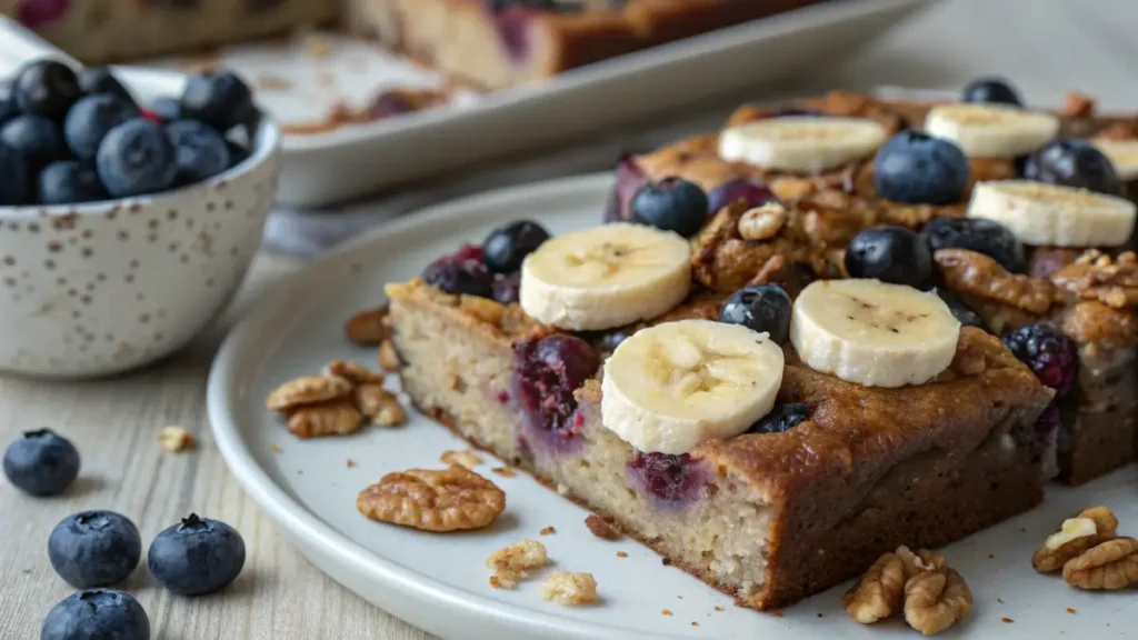 Sliced blueberry cottage cheese breakfast bake with banana and nuts