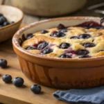 Freshly baked blueberry cottage cheese breakfast bake in ceramic dish