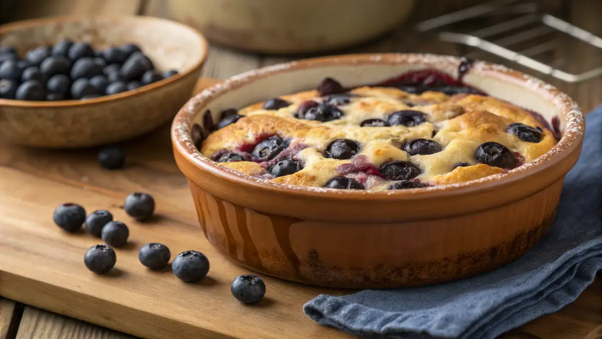 Freshly baked blueberry cottage cheese breakfast bake in ceramic dish