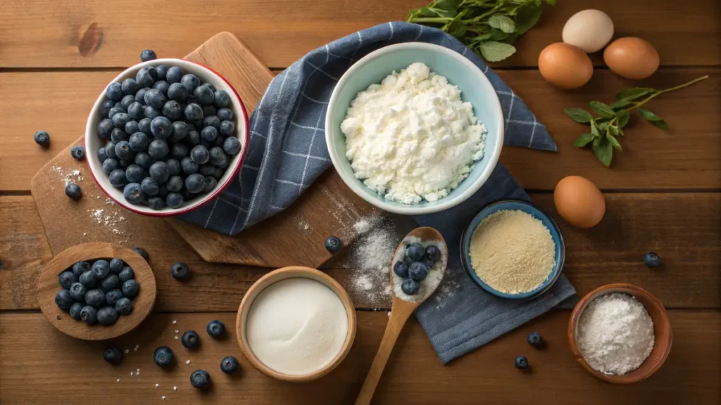 Ingredients for blueberry cottage cheese breakfast bake