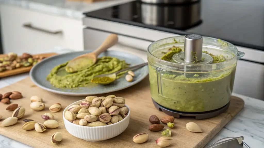 Homemade pistachio butter in food processor