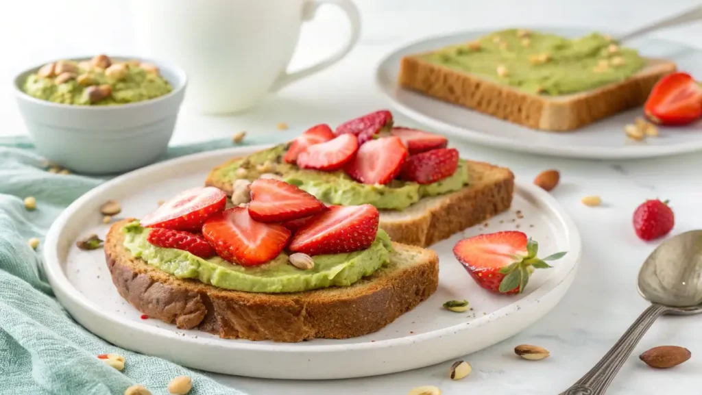 Pistachio butter on toast with strawberries