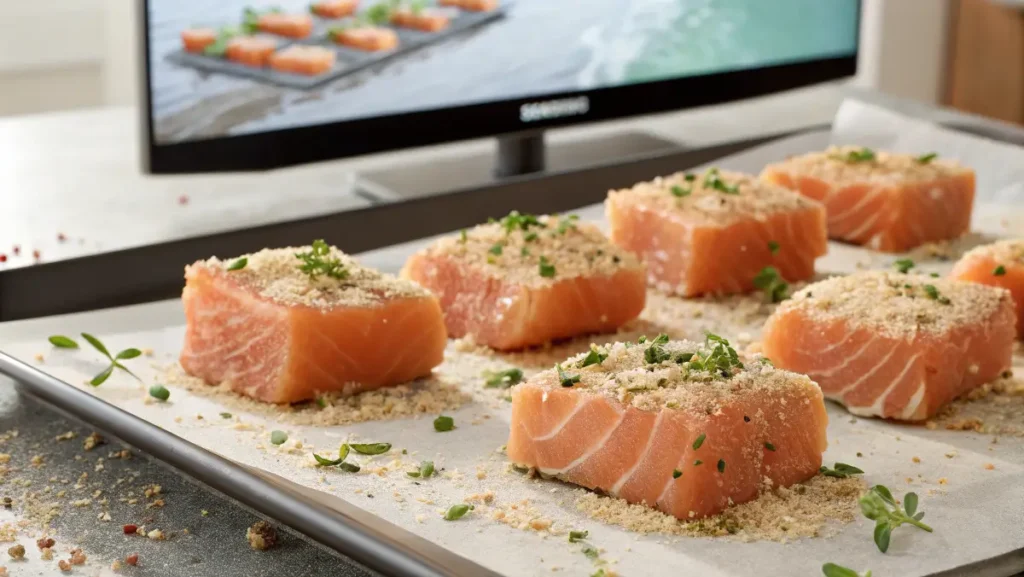 Raw salmon cubes seasoned for Bang Bang Bites