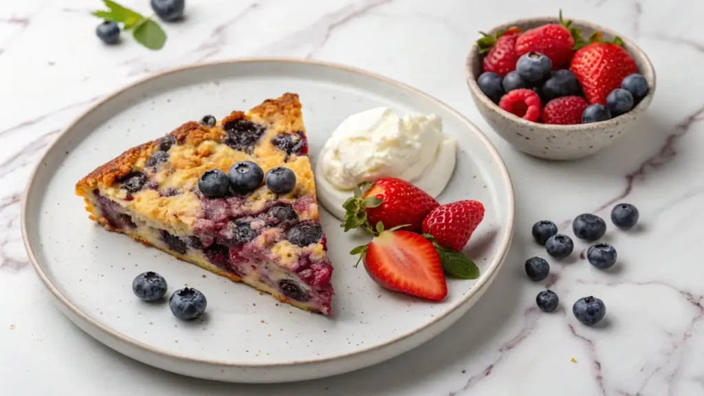 Blueberry cottage cheese breakfast bake served with yogurt and berries