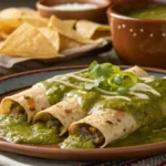 Hatch chili sauce poured over enchiladas