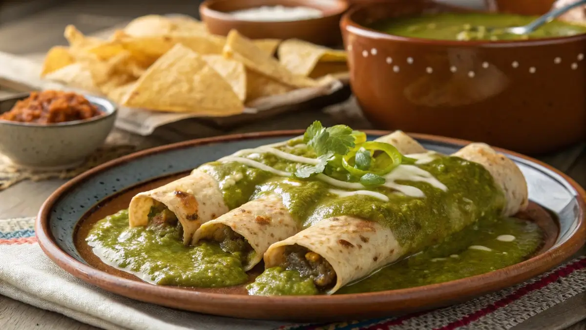 Hatch chili sauce poured over enchiladas